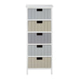 A tall, white chest of drawers featuring five fabric drawers in alternating shades of gray and beige, each with a black handle, set on slender legs