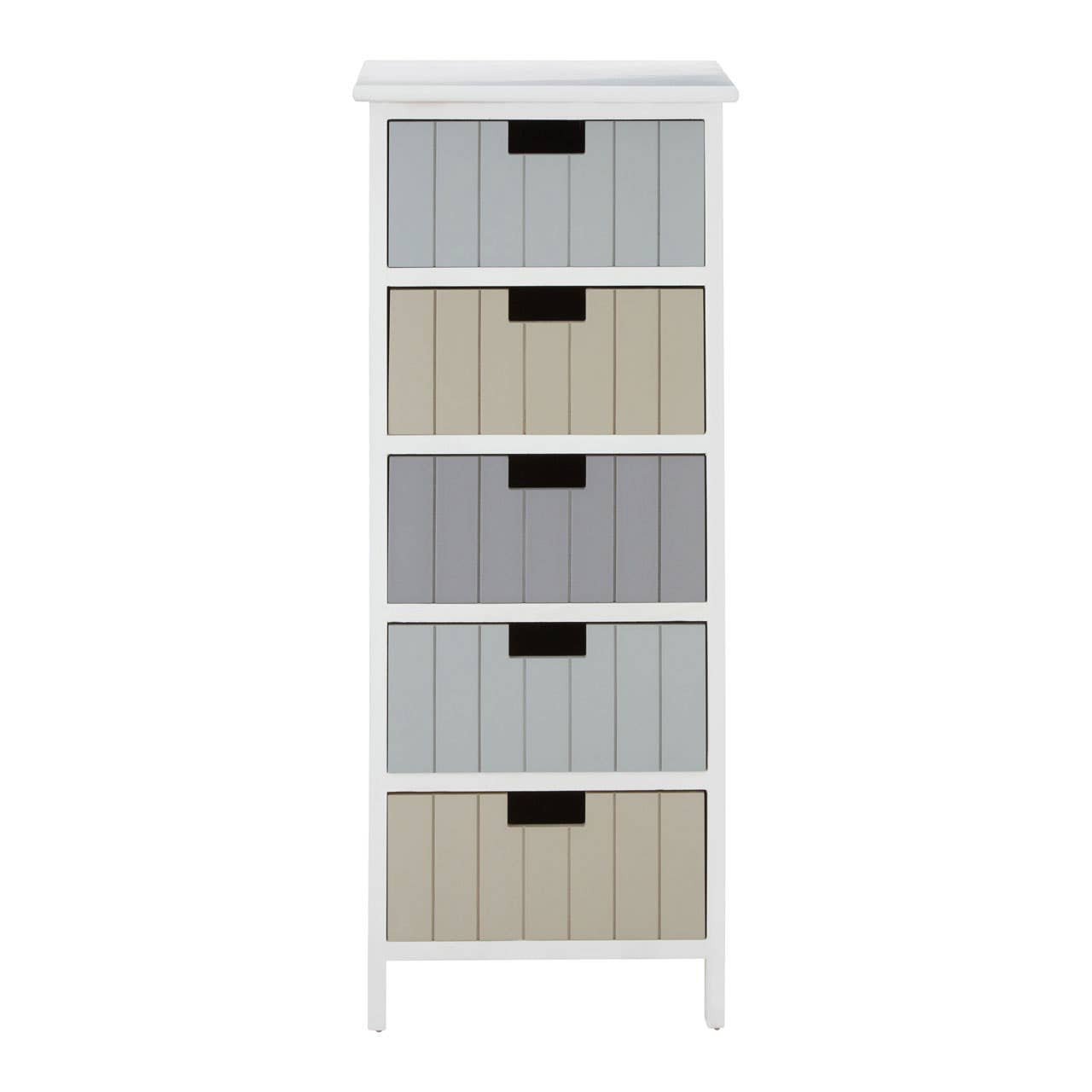 A tall, white chest of drawers featuring five fabric drawers in alternating shades of gray and beige, each with a black handle, set on slender legs