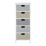 A tall, white chest of drawers featuring five fabric drawers in alternating shades of gray and beige, each with a black handle, set on slender legs