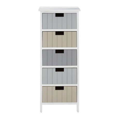 A tall, white chest of drawers featuring five fabric drawers in alternating shades of gray and beige, each with a black handle, set on slender legs