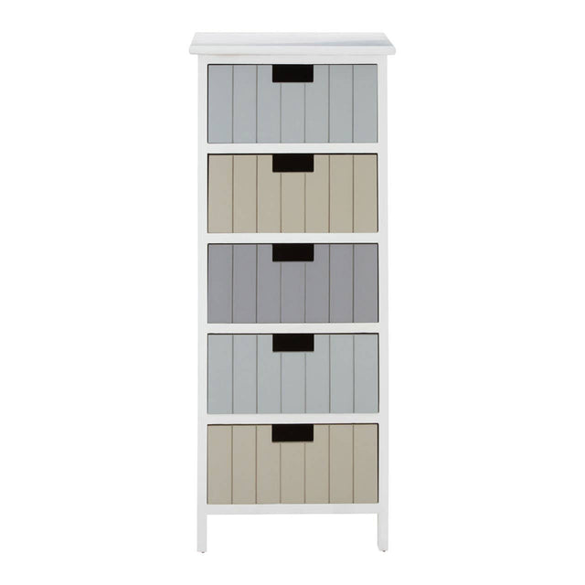 A tall, white chest of drawers featuring five fabric drawers in alternating shades of gray and beige, each with a black handle, set on slender legs