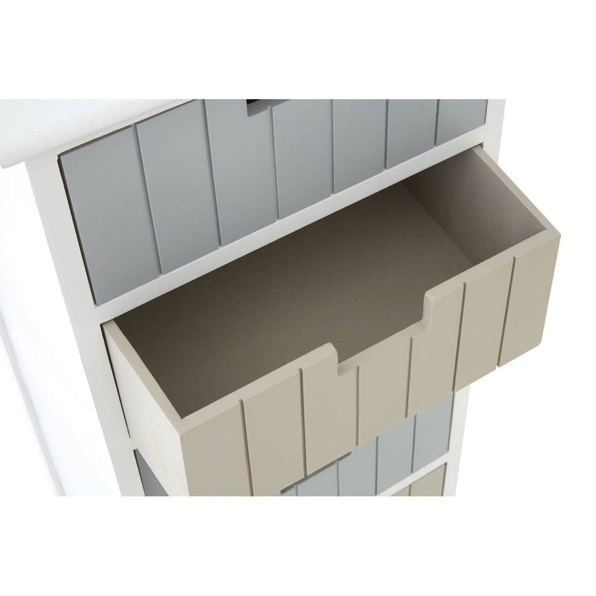 A close-up view of an open drawer from the New England White 5 Drawers Chest, showcasing a light beige interior and a smooth, clean design. The exterior features a white finish with horizontal paneling on the front of the drawer