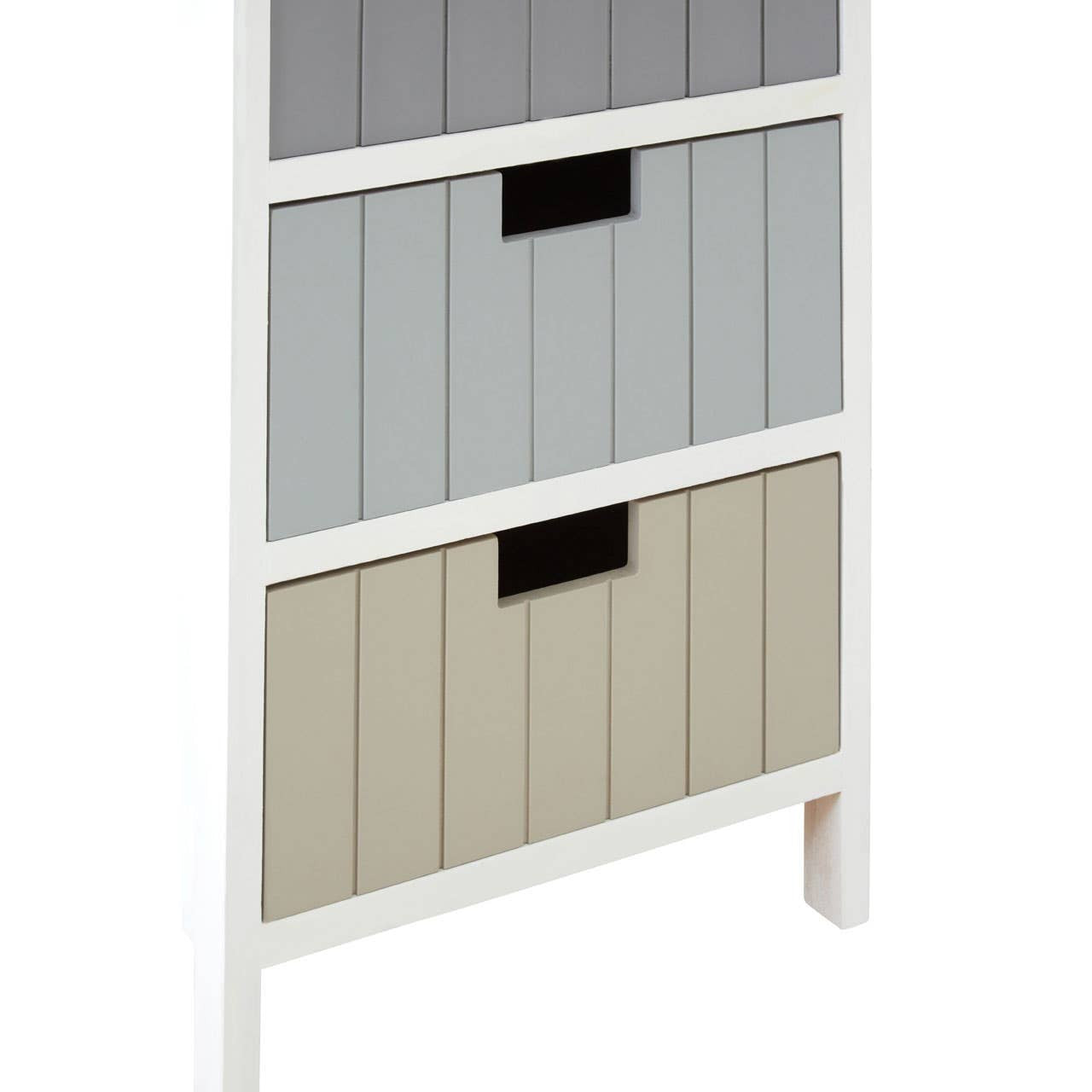A tall, white chest of drawers featuring five fabric drawers in varying shades of gray and beige, with a simple, modern design and cut-out handles for easy access. The chest stands on four wooden legs, providing stability and a clean aesthetic