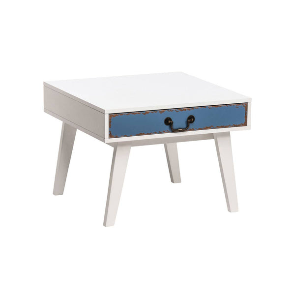 Square side table with a white top and a single blue drawer featuring a black handle, supported by four tapered wooden legs