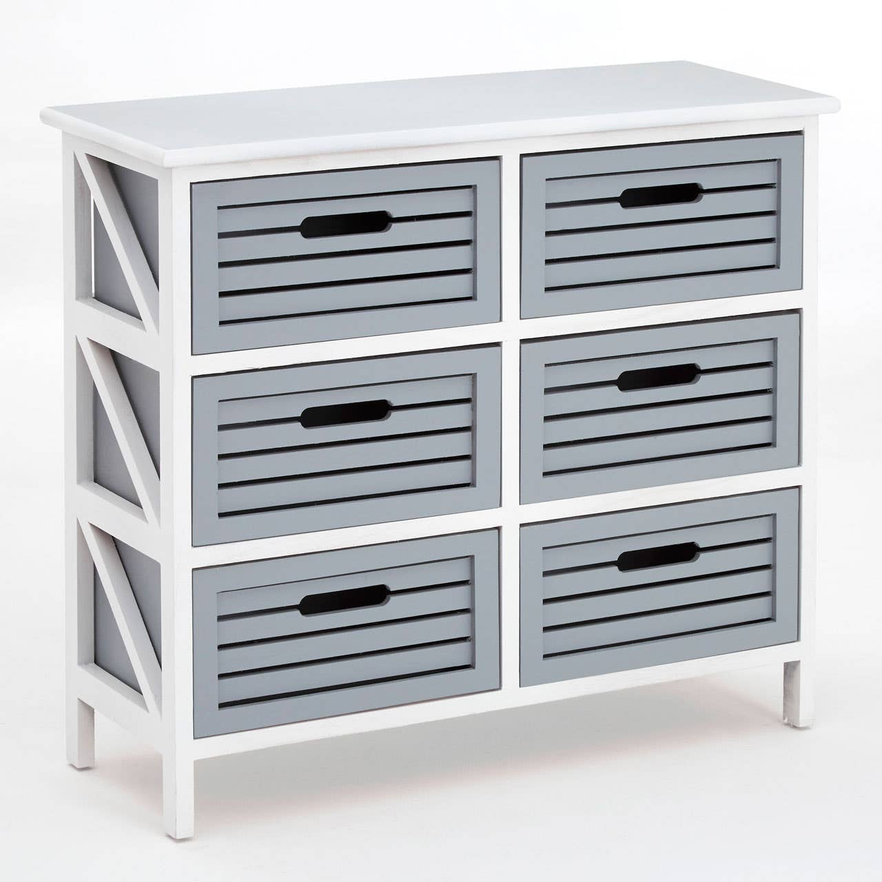 A white wooden unit with six grey drawers, featuring a slatted design and black handles, supported by four legs. The top surface is flat and smooth, suitable for decorative items
