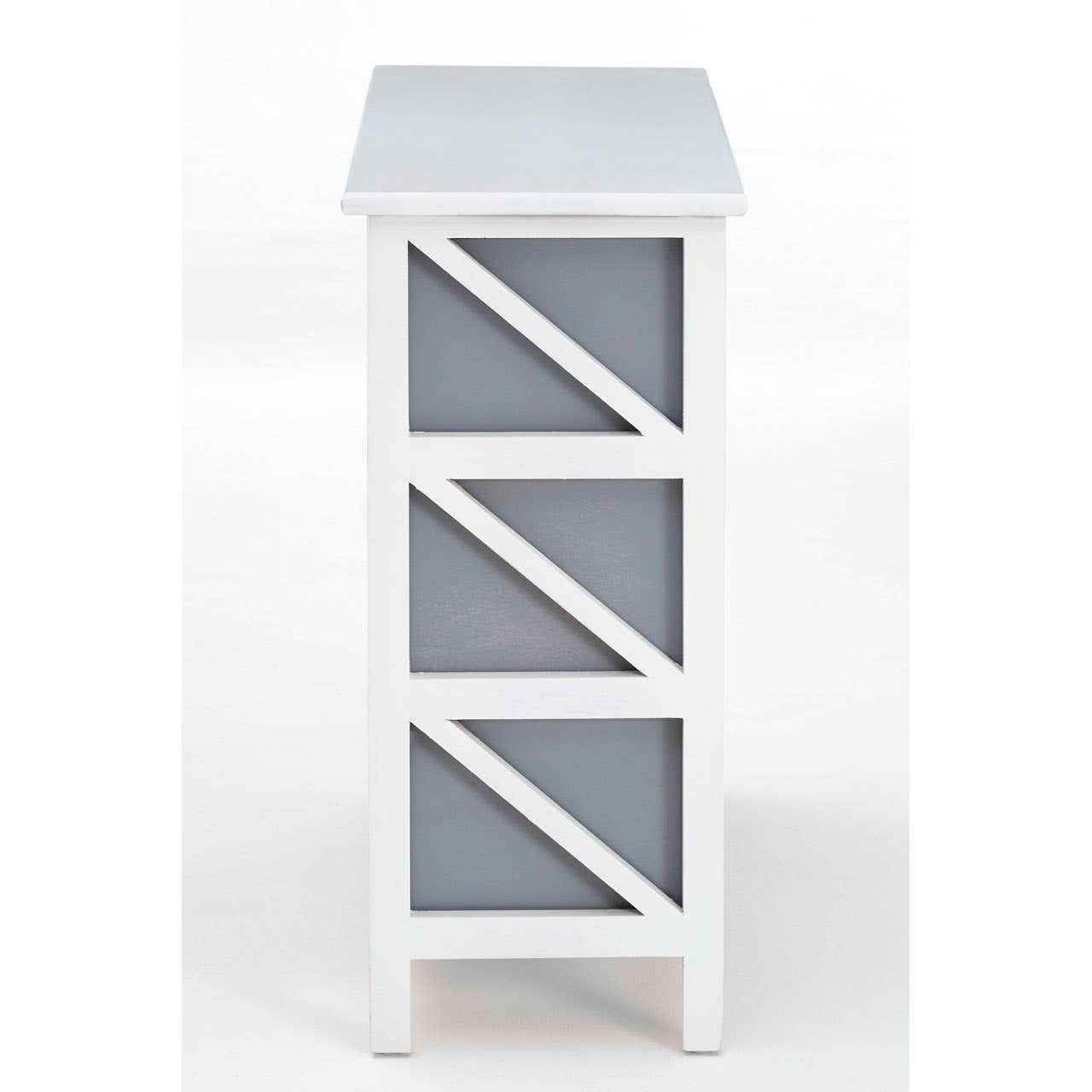 A tall, white furniture unit featuring six grey drawers with a modern design, showcasing diagonal slats on the front of each drawer. The top surface is flat and smooth, suitable for decorative items or storage