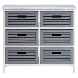 A six-drawer unit with a light grey finish, featuring horizontal slats on the drawer fronts and cut-out handles. The unit is supported by slender legs and has a smooth top surface, suitable for home decor or storage