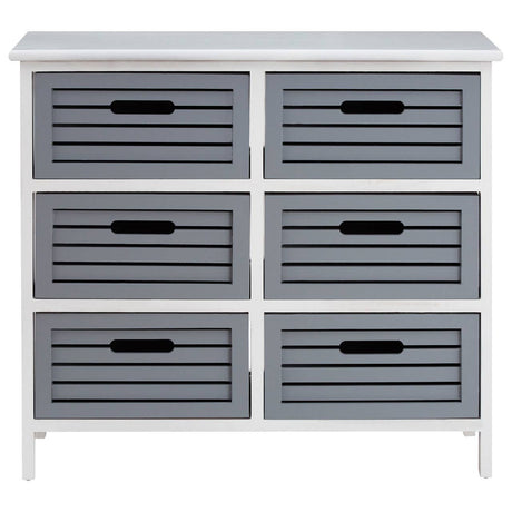 A six-drawer unit with a light grey finish, featuring horizontal slats on the drawer fronts and cut-out handles. The unit is supported by slender legs and has a smooth top surface, suitable for home decor or storage