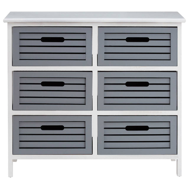 A six-drawer unit with a light grey finish, featuring horizontal slats on the drawer fronts and cut-out handles. The unit is supported by slender legs and has a smooth top surface, suitable for home decor or storage