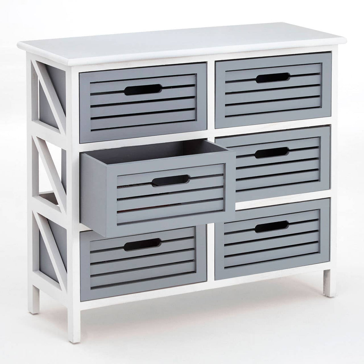 A white furniture unit featuring six grey drawers with a slatted design, arranged in two rows. The unit has a flat top surface and an open space on the side, showcasing a modern and stylish look suitable for home decor