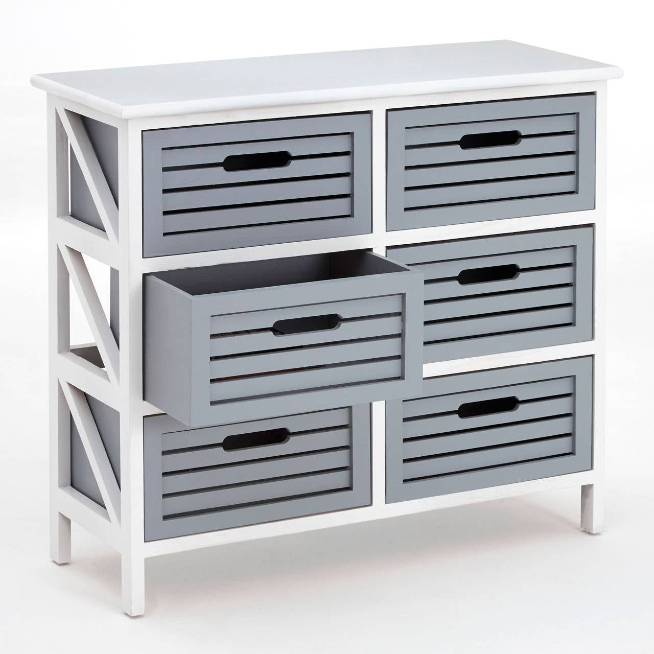 A white furniture unit featuring six grey drawers with a slatted design, arranged in two rows. The unit has a flat top surface and an open space on the side, showcasing a modern and stylish look suitable for home decor