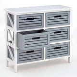 A white furniture unit featuring six grey drawers with a slatted design, arranged in two rows. The unit has a flat top surface and an open space on the side, showcasing a modern and stylish look suitable for home decor