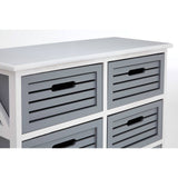 A furniture unit featuring a white top and six grey drawers with horizontal slats, each equipped with a cut-out handle for easy access. The unit has a clean, modern design suitable for home organization