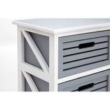 A close-up view of the Vermont 6 Grey Drawers Unit, featuring a white frame with a smooth top surface and six grey slatted drawers, each with a handle. The design includes a cross-pattern detail on the sides, highlighting its modern yet rustic aesthetic