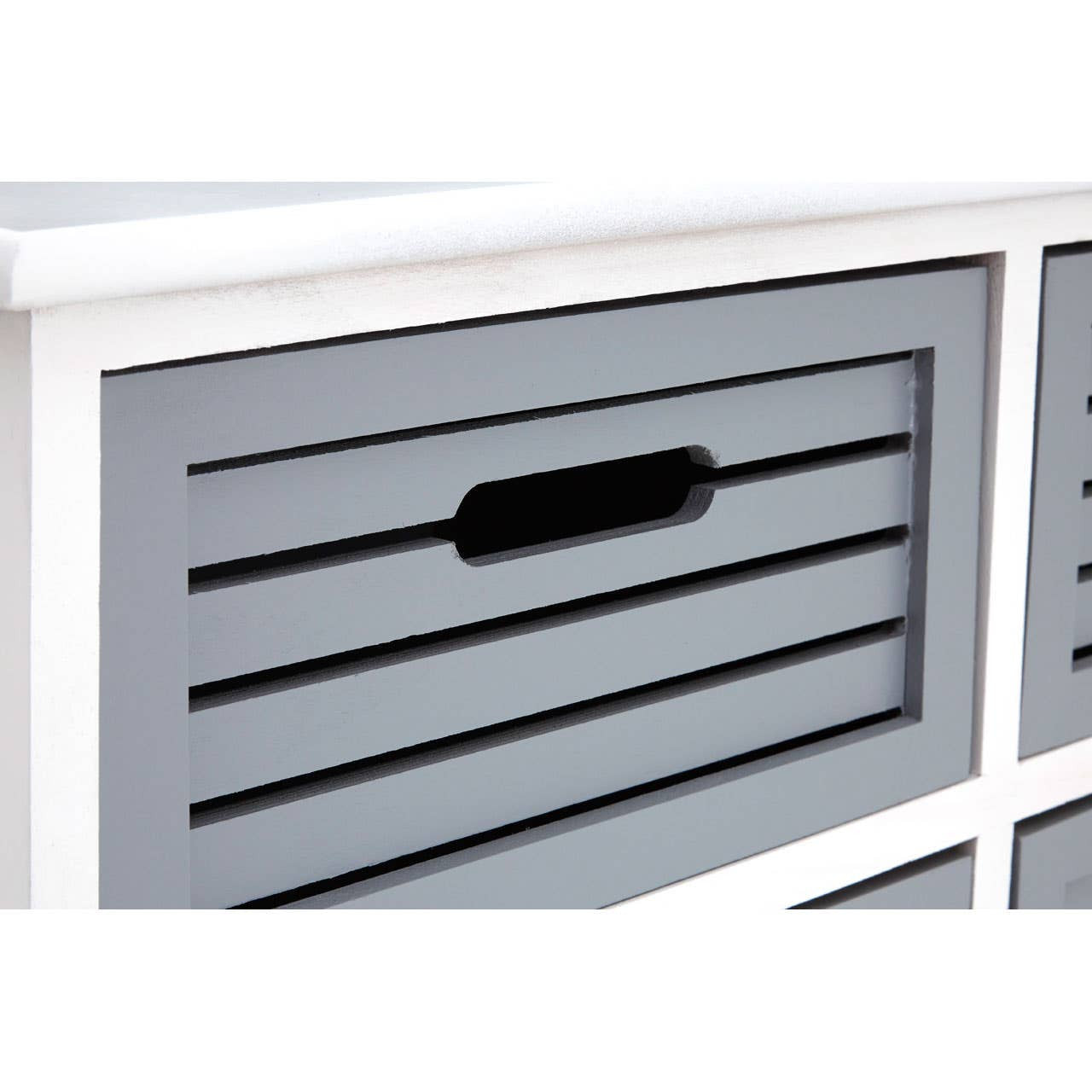 Close-up view of a grey drawer from the Vermont 6 Grey Drawers Unit, featuring a slatted design and a black handle. The unit has a white frame that contrasts with the grey drawers