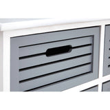 Close-up view of a grey drawer from the Vermont 6 Grey Drawers Unit, featuring a slatted design and a black handle. The unit has a white frame that contrasts with the grey drawers