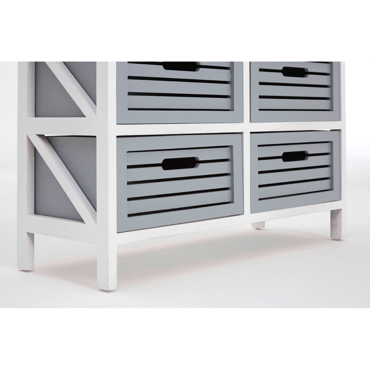 A white storage unit featuring six grey drawers with horizontal slats and cut-out handles, supported by a sturdy frame with an X-shaped design on the sides. The unit is positioned on a flat surface, showcasing its clean lines and modern aesthetic