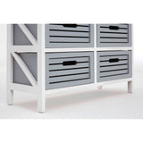 A white storage unit featuring six grey drawers with horizontal slats and cut-out handles, supported by a sturdy frame with an X-shaped design on the sides. The unit is positioned on a flat surface, showcasing its clean lines and modern aesthetic