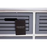A close-up view of a grey drawer unit featuring six horizontal drawers with slatted fronts. A black tag hangs from one of the drawers, displaying the brand name. The unit has a clean, modern design with a white top and a smooth finish