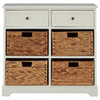 Vermont Ivory cabinet featuring two top drawers with round knobs and four lower woven baskets, all set against a light ivory finish. The cabinet has a clean, modern design suitable for home organization