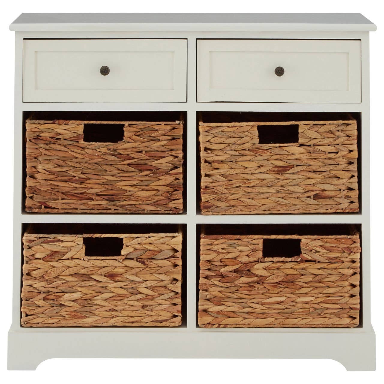 Vermont Ivory cabinet featuring two top drawers with round knobs and four lower woven baskets, all set against a light ivory finish. The cabinet has a clean, modern design suitable for home organization