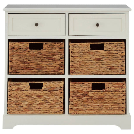 Vermont Ivory cabinet featuring two top drawers with round knobs and four lower woven baskets, all set against a light ivory finish. The cabinet has a clean, modern design suitable for home organization