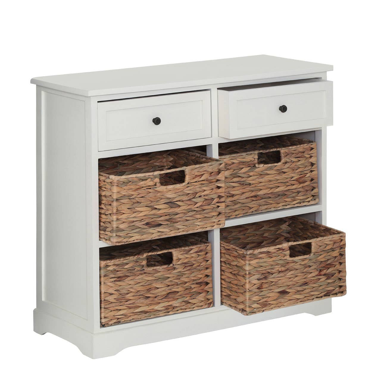 Vermont Ivory cabinet featuring two upper drawers with round black knobs and four lower woven baskets, all set against a light ivory finish. The cabinet has a simple, modern design suitable for home decor