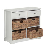 Vermont Ivory cabinet featuring two upper drawers with round black knobs and four lower woven baskets, all set against a light ivory finish. The cabinet has a simple, modern design suitable for home decor