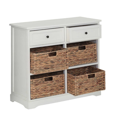 Vermont Ivory cabinet featuring two upper drawers with round black knobs and four lower woven baskets, all set against a light ivory finish. The cabinet has a simple, modern design suitable for home decor