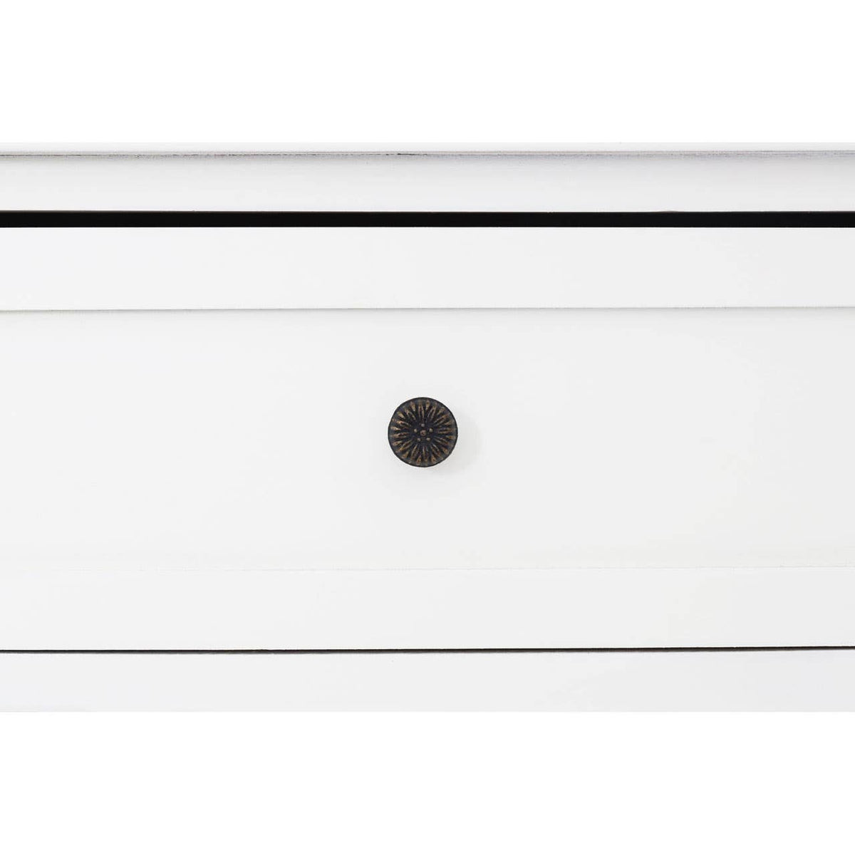 Ivory cabinet featuring two drawers with round black knobs and four woven baskets below, designed for storage and organization