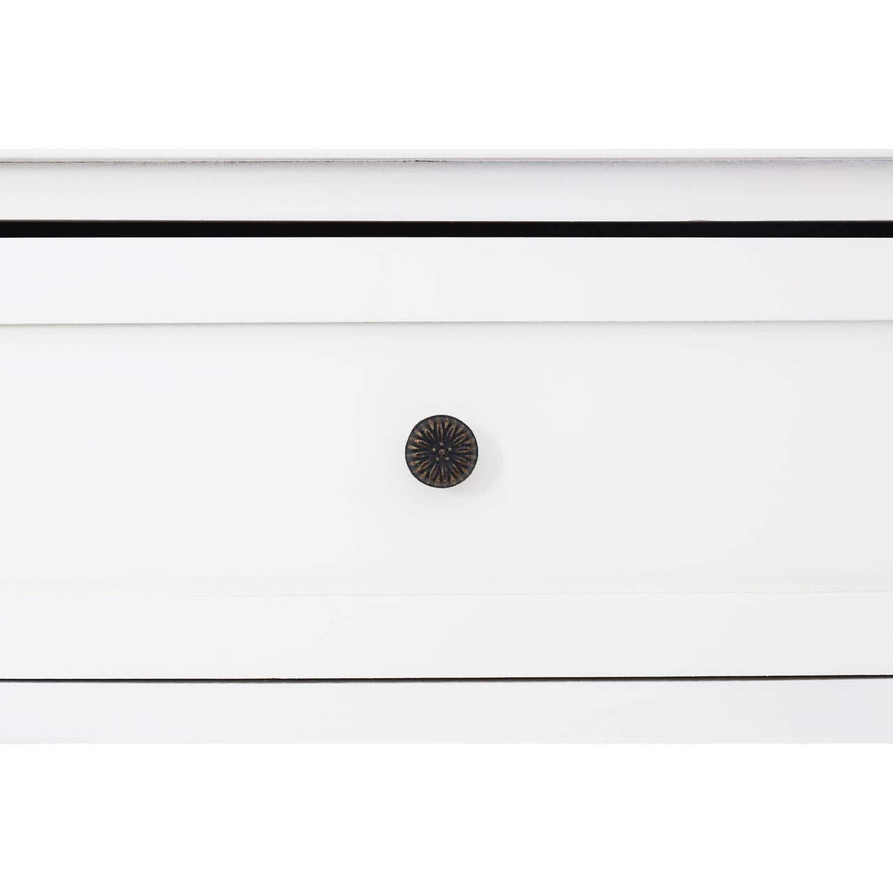 Ivory cabinet featuring two drawers with round black knobs and four woven baskets below, designed for storage and organization