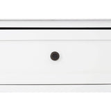 Ivory cabinet featuring two drawers with round black knobs and four woven baskets below, designed for storage and organization