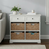 Vermont Ivory cabinet featuring two upper drawers and four lower woven baskets, set against a light-colored wall with a small potted plant and decorative items on top. The cabinet has a clean, modern design with a smooth ivory finish and silver drawer pulls