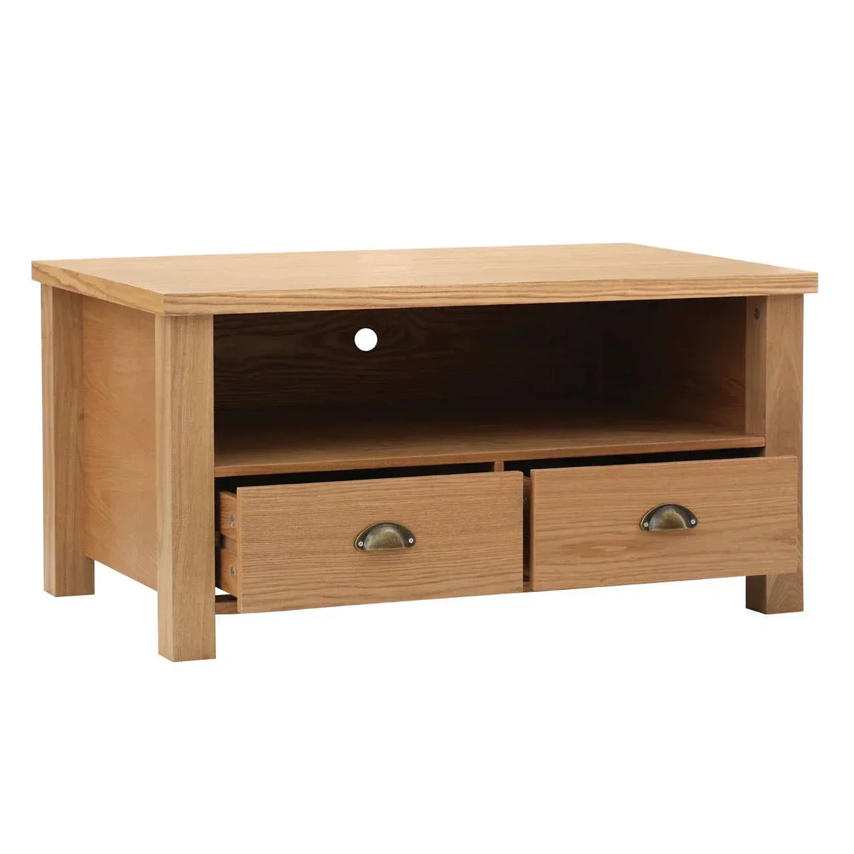 Oak TV unit with open shelf and two storage drawers, brass handles, cable hole at back