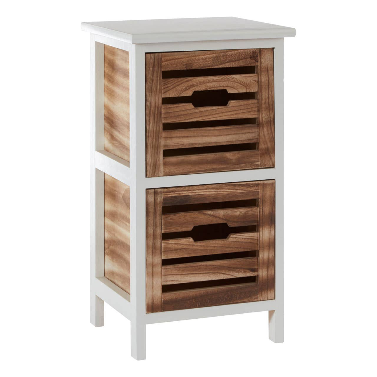 A two-drawer chest featuring a white frame with a natural wood finish on the drawers, which have a slatted design and cut-out handles. The chest stands on four legs and has a flat top surface suitable for decorative items