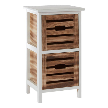 A two-drawer chest featuring a white frame with a natural wood finish on the drawers, which have a slatted design and cut-out handles. The chest stands on four legs and has a flat top surface suitable for decorative items