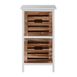 A two-drawer chest featuring a white frame with a smooth top and two wooden drawers that have slatted fronts, showcasing a natural wood finish. The chest stands on four slender legs, providing a modern and stylish look suitable for home decor