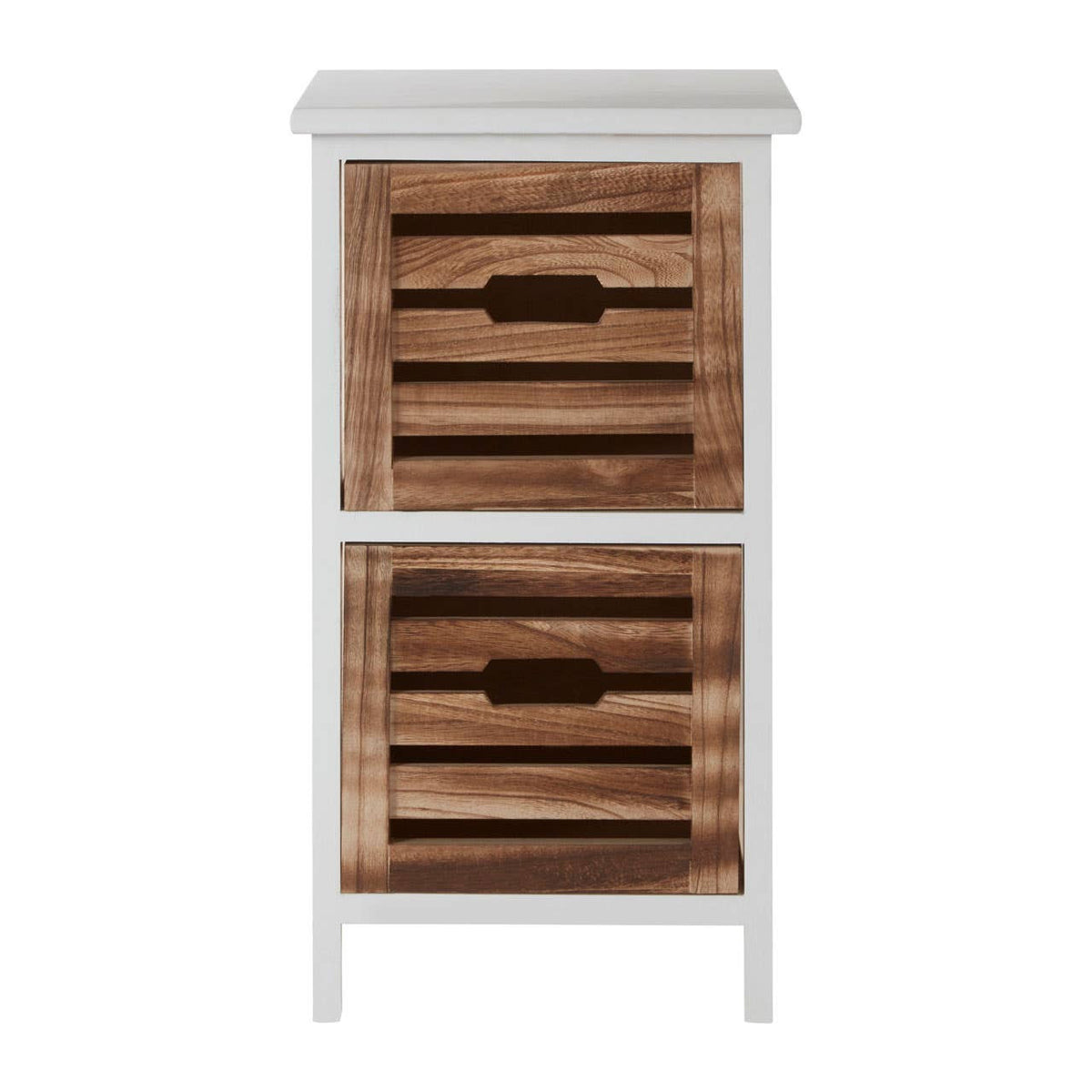 A two-drawer chest featuring a white frame with a smooth top and two wooden drawers that have slatted fronts, showcasing a natural wood finish. The chest stands on four slender legs, providing a modern and stylish look suitable for home decor
