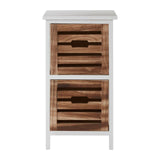 A two-drawer chest featuring a white frame with a smooth top and two wooden drawers that have slatted fronts, showcasing a natural wood finish. The chest stands on four slender legs, providing a modern and stylish look suitable for home decor