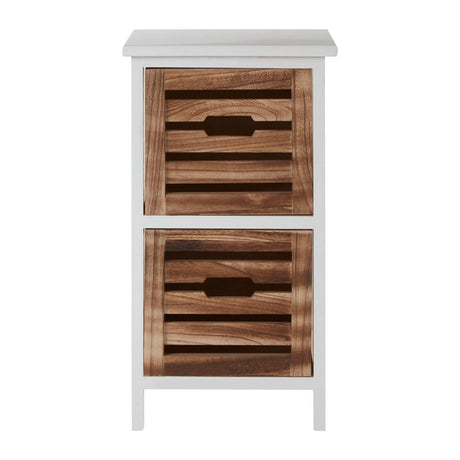 A two-drawer chest featuring a white frame with a smooth top and two wooden drawers that have slatted fronts, showcasing a natural wood finish. The chest stands on four slender legs, providing a modern and stylish look suitable for home decor