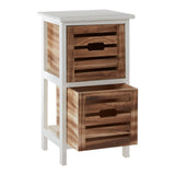 Two-drawer chest featuring a white frame with natural wood accents, showcasing slatted drawer fronts and a flat top surface. The chest stands on four legs, providing a modern and rustic aesthetic suitable for home decor