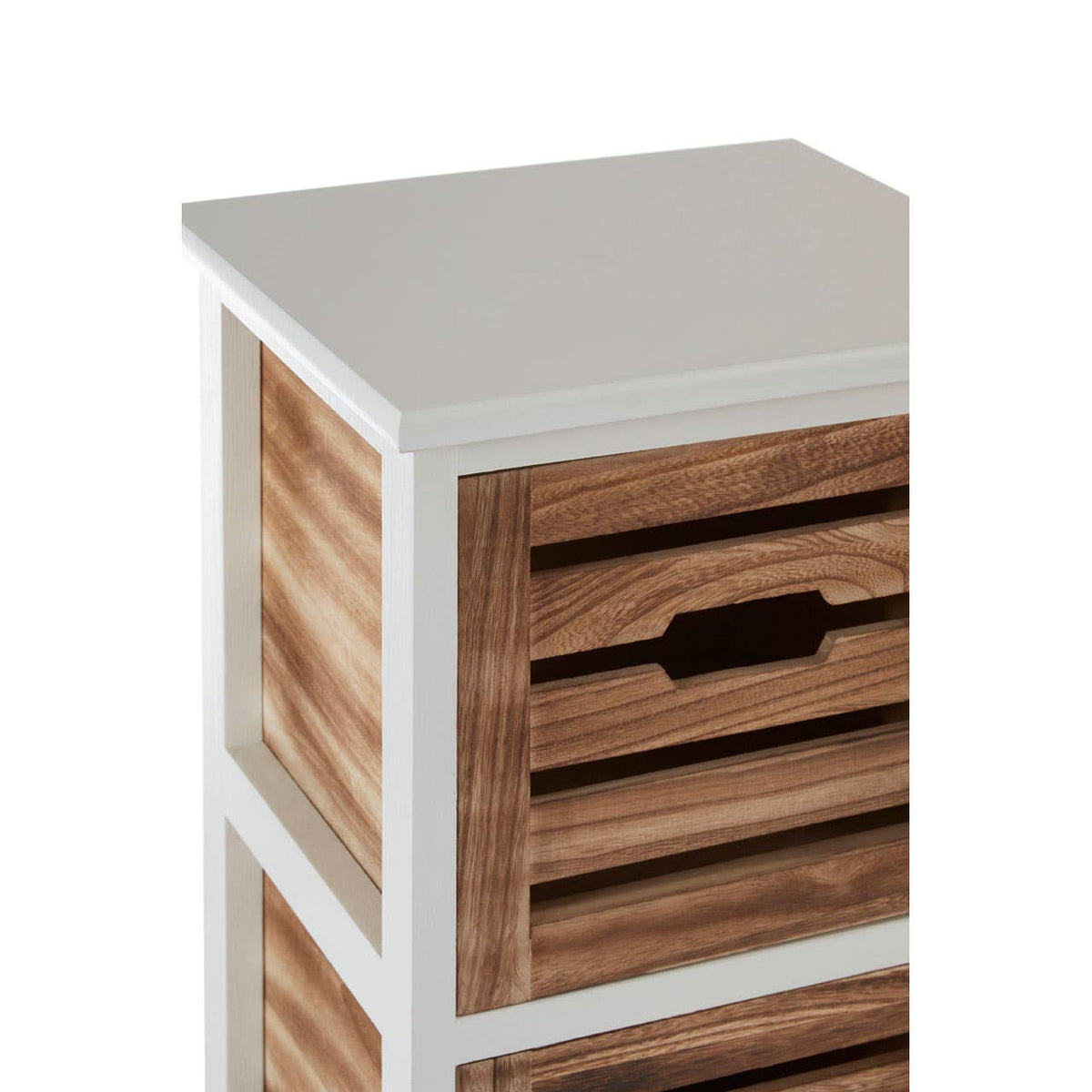 Two-drawer chest featuring a white top and a wooden body with a slatted design on the drawers, each equipped with a cut-out handle for easy access