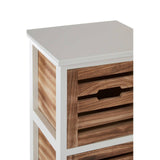 Two-drawer chest featuring a white top and a wooden body with a slatted design on the drawers, each equipped with a cut-out handle for easy access
