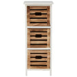 A tall, white chest of drawers featuring three wooden drawers with a slatted design and cut-out handles, providing a rustic yet modern look suitable for home decor