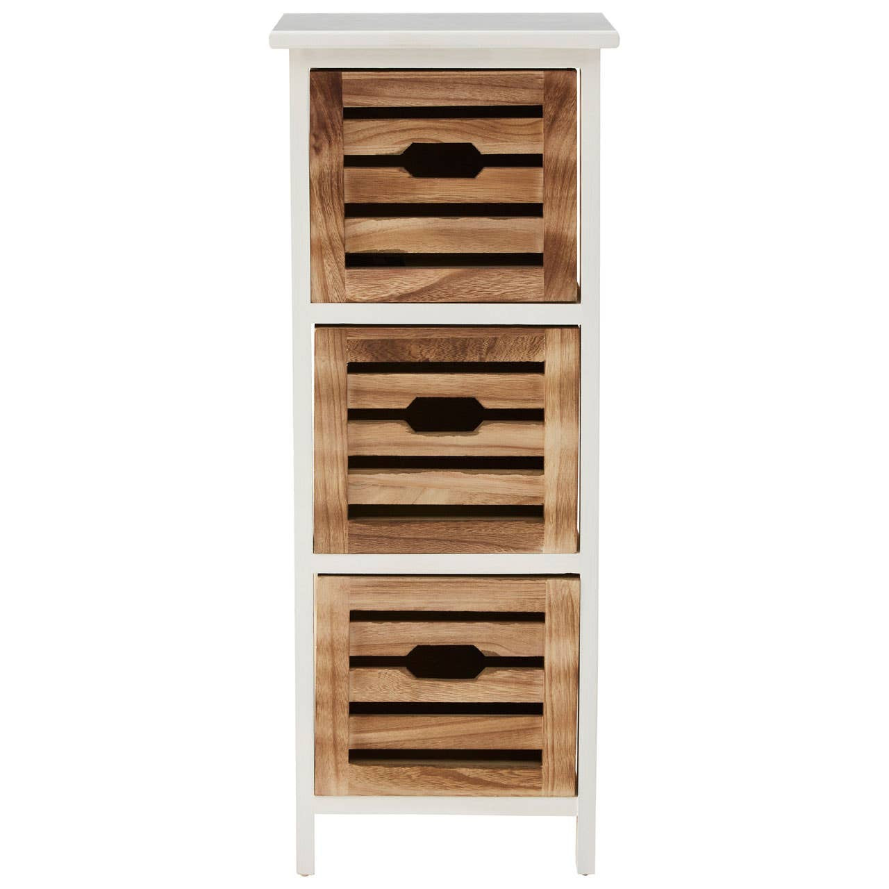 A tall, white chest of drawers featuring three wooden drawers with a slatted design and cut-out handles, providing a rustic yet modern look suitable for home decor
