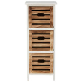 A tall, white chest of drawers featuring three wooden drawers with a slatted design and cut-out handles, providing a rustic yet modern look suitable for home decor