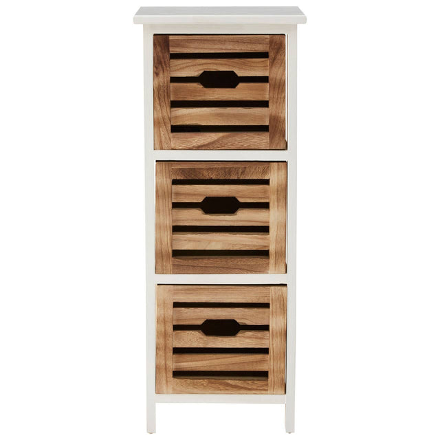 A tall, white chest of drawers featuring three wooden drawers with a slatted design and cut-out handles, providing a rustic yet modern look suitable for home decor