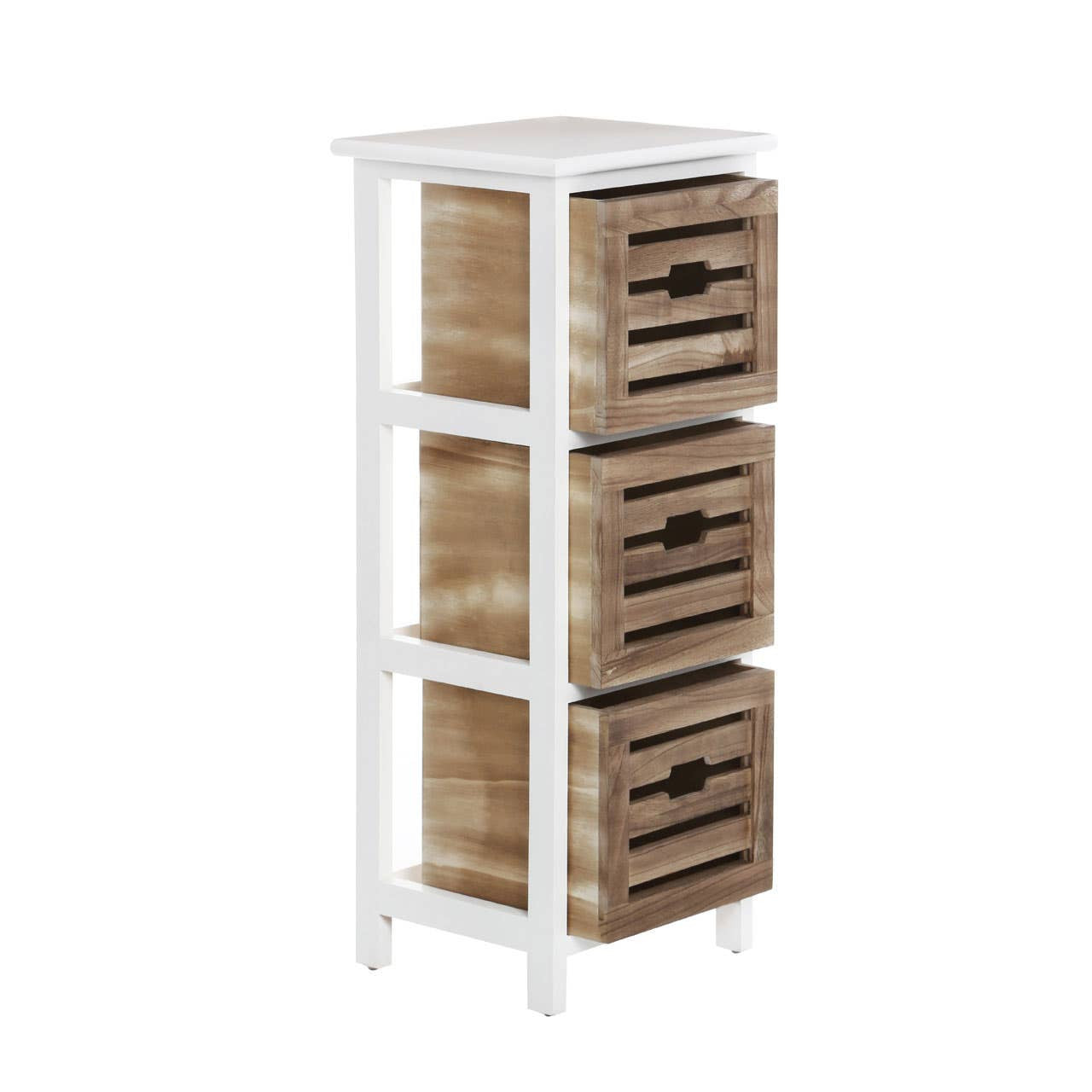 Three-drawer chest featuring a white frame and woven wicker drawers with black handles, designed for home storage. The chest has a compact, vertical design suitable for various spaces