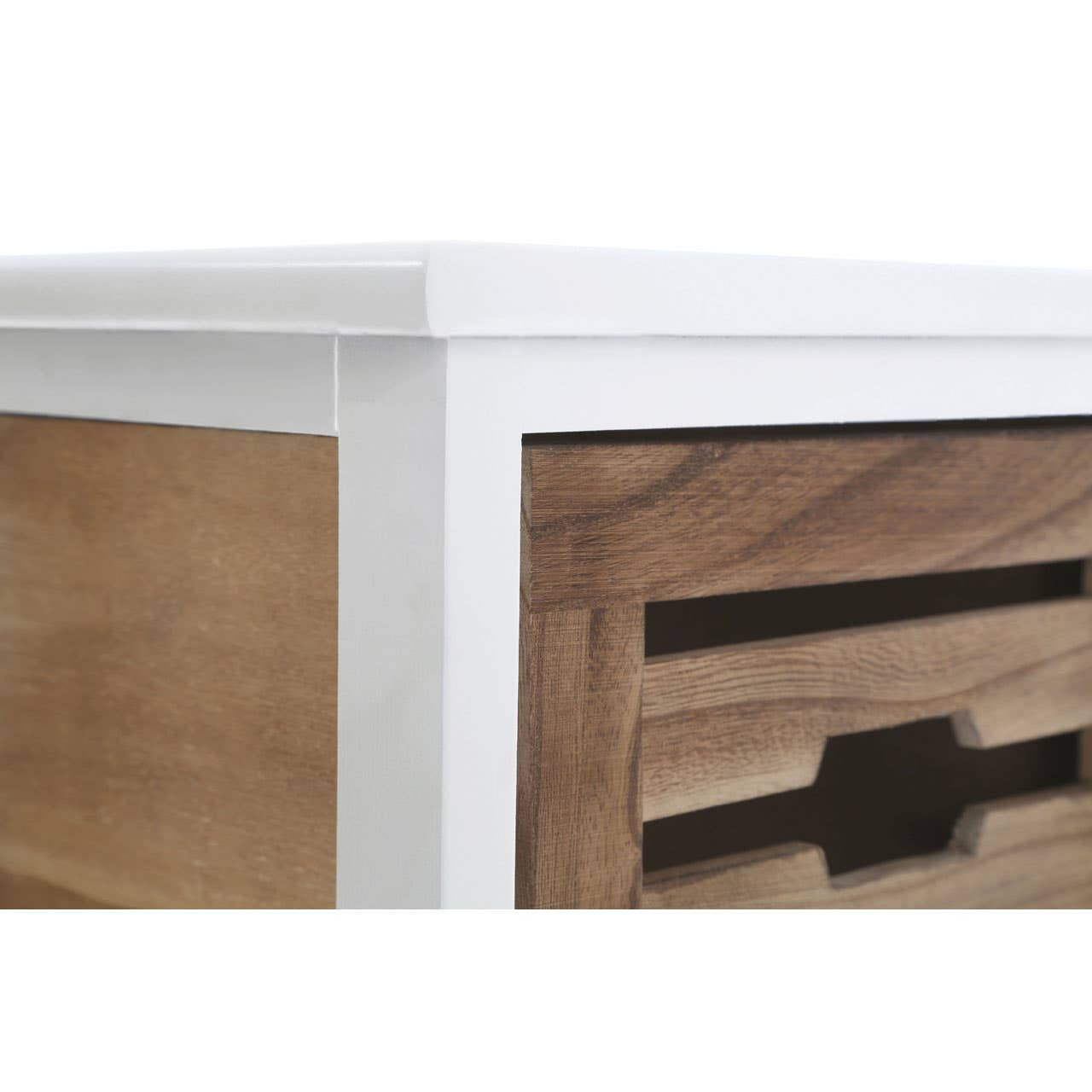 Close-up view of the Portsmouth 3 Drawer Chest, showcasing the smooth white top edge and the natural wood finish of the drawers with horizontal cut-out handles. The chest features a modern design with clean lines and a combination of light and dark wood tones