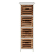 A tall, narrow chest of drawers featuring four wooden drawers with a slatted design, set against a white frame. The chest has a smooth top surface and slender legs, providing a modern and stylish look suitable for home decor